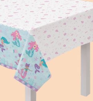 Shimmering Mermaids Rectangle Plastic Reusable Table Cover, White/Blue, 54x96-in, for Birthday Party