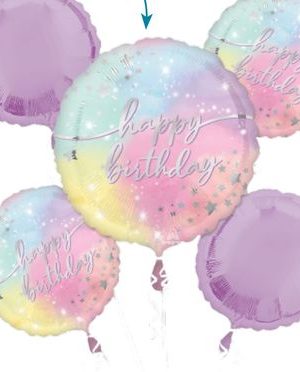 Luminous "Happy Birthday" Round Satin Foil Balloon Bouquet, Purple, 5-pk, Helium Inflation & Ribbon Included for Birthday Party