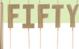 Golden Age "Fifty" Letter Wax Candle Set, Gold, 4.5-in, 9-pk, for Birthday Party