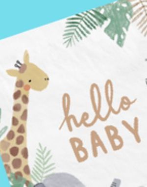 Jungle Baby "Hello Baby" Elephant & Giraff Square Paper Disposable Lunch Napkins, Beige, 6.5-in, 16-pk, 2-ply, for Baby Shower/Gender Reveal