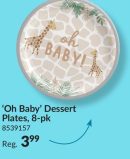 Jungle Baby "Oh Baby" Giraffe Round Paper Disposable Dessert Plates, Beige, 7-in, 8-pk, for Baby Shower/Gender Reveal