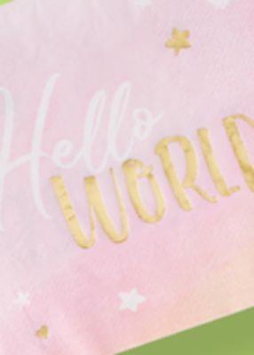 Oh Baby "Hello World" Square Paper Disposable Lunch Napkins, Pink, 6.5-in, 16-pk, 2-ply, for Baby Shower/Gender Reveal