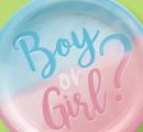 "Boy or Girl?" Round Paper Disposable Dessert Plates, Blue/Pink, 7-in, 8-pk, for Gender Reveal