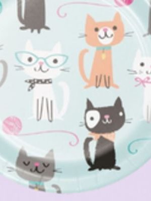 Cat Party Round Paper Disposable Dessert Plates, Blue, 7-in, 8-pk, for Birthday Party