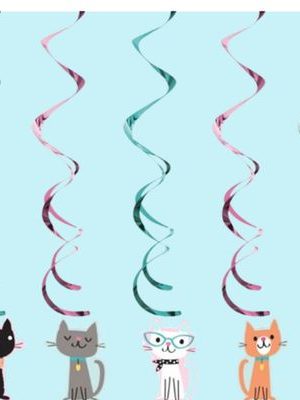 Cat Party Swirl Hanging Decorations, Green/Pink, 3.25-ft, 5-pk, for Birthday Party