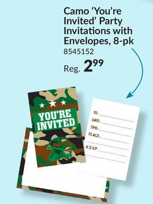 Camo "You're Invited" Party Invitations with Envelopes, 8-pk, for Birthday/Party
