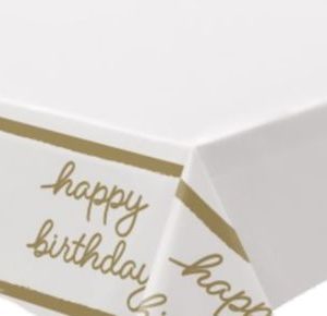 Golden Age "Happy Birthday" Rectangle Plastic Reusable Table Cover, Gold/White, 54x96-in, for Milestine Birthday