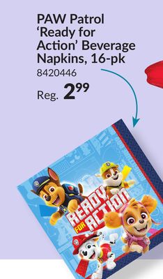 Nickelodeon PAW Patrol "Ready for Action" Chase/Marshall/Skye Square Paper Disposable Beverage Napkins, Blue, 5-in, 16-pk, 2-ply, for Birthday Party