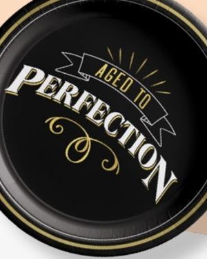 Better with Age "Aged to Perfection" Round Paper Disposable Dessert Plates, Black/Gold, 7-in, 8-pk, for Birthday Party