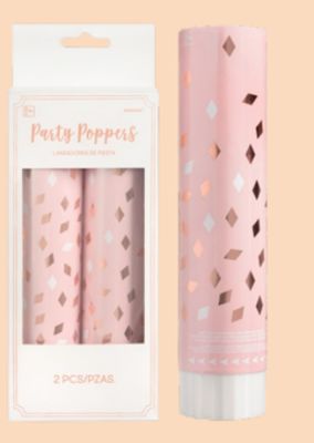 Blush Birthday Confetti Cannon Poppers, Pink/Rose Gold, 2-pk, for Birthday Party