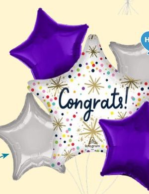 Congrats Star Confetti Sprinkle Polka Dot Satin Foil Balloon Bouquet with Star Foil Balloons, Multi-Coloured, 5-pk, Helium Inflation & Ribbon Included