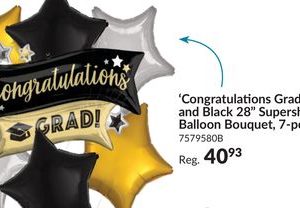 Congratulations Grad!" Supershape Balloon Bouquet with Star Foil Balloons, Black/Gold/Silver, 7-pk, Helium Inflation & Ribbon Included