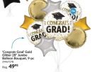 "Congrats Grad!" Glitter Jumbo Balloon Bouquet with Star Foil Balloons, Gold/Silver, 9-pk, Helium Inflation & Ribbon Included