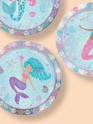 Shimmering Mermaids Round Paper Disposable Dessert Plates, Silver/Blue, 7-in, 8-pk, for Birthday Party