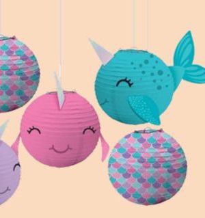 Shimmering Mermaids Paper Lantern Hanging Decorations, Pink/ Blue/ Purple, 8.5-in, 5-pk, for Birthday Party