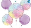 Luminous "Happy Birthday" Round Satin Foil Balloon Bouquet, Purple, 5-pk, Helium Inflation & Ribbon Included for Birthday Party