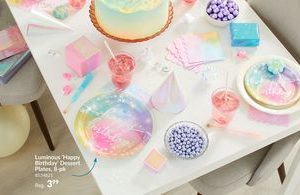 Luminious "Happy Birthday" Round Paper Disposable Dessert Plates, Blue/Yellow/Pink, 7-in, 8-pk, for Birthday Party