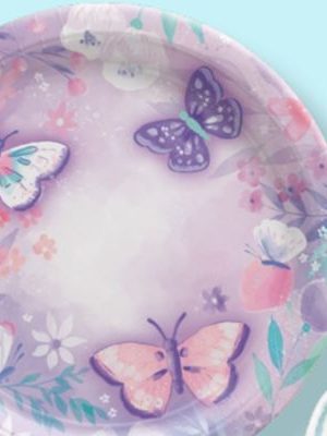 Flutter Butterfly Round Paper Disposable Lunch Plates, Purple, Floral, 9-in, 8-pk, for Birthday Party