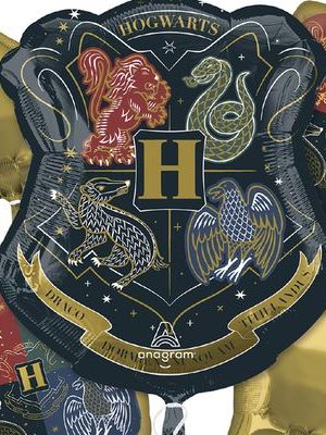Harry Potter "Hogwarts" House Logo/Star/Square Satin Foil Balloon Bouquet, Black/Gold, 5-pk, Helium Inflation & Ribbon Included for Birthday Party