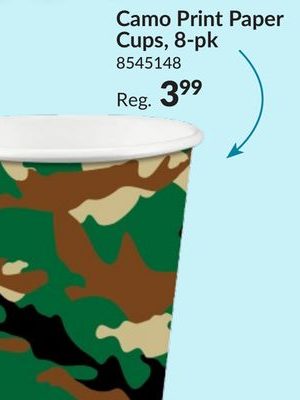 Camo Print Disposable Paper Cup, Multi-Colour, 9-oz, 8-pk, for Birthday/Summer/Party