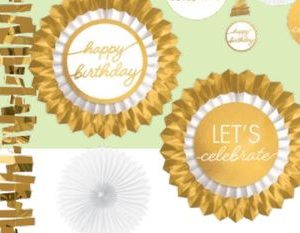 Golden Age "Happy Birthday" Swirl & Fan Hanging Decorations, Gold, 14.5-in, 13-pk, for Birthday Party