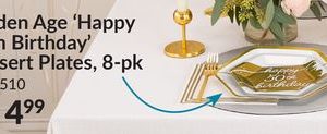 Golden Age "Happy 50th Birthday" Hexagon Paper Disposable Dessert Plates, Gold/White,7-in, 8-pk, for Milestine Birthday