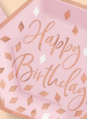 Blush Birthday "Happy Birthday" Square Paper Disposable Beverage Napkins, Pink/Rose Gold, 5-in, 12-pk, 2-ply, for Birthday Party