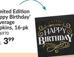Better with Age "Limited Edition Happy Birthday" Square Paper Disposable Beverage Napkins, Black/Gold, 5-in, 16-pk, 2-ply, for Birthday Party