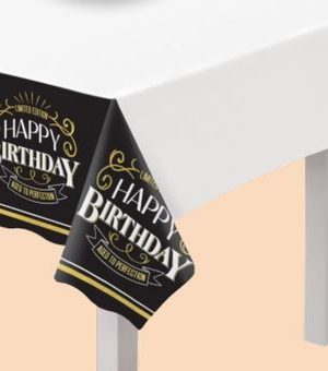 Better with Age "Happy Birthday" Rectangle Plastic Reusable Table Cover, White/Black, 54x96-in, for Birthday Partythday' Rectangle Table Cover