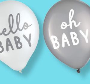 Soft Jungle "Hello Baby" Round Latex Balloons, White/Silver, 12-in, 15-pk, for Baby Shower/Gender Reveal