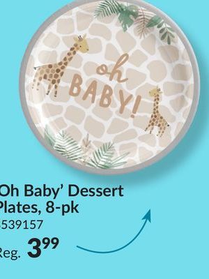 Jungle Baby "Oh Baby" Giraffe Round Paper Disposable Dessert Plates, Beige, 7-in, 8-pk, for Baby Shower/Gender Reveal
