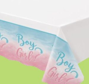 Girl or Boy? Rectangle Plastic Reusable Table Cover, Pink/Blue, 54x102-in, for Gender Reveal