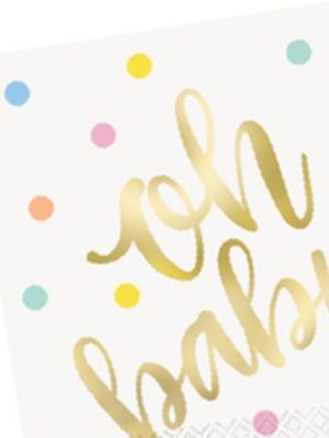 "Oh Baby" Square Paper Disposable Lunch Napkins, White/Gold, Polka Dot, 6.5-in, 16-pk, 2-ply, for Baby Shower