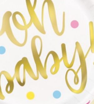 Oh Baby Round Paper Disposable Dessert Plates, White/Gold, Polka Dot, 7-in, 8-pk, for Baby Shower/Gender Reveal