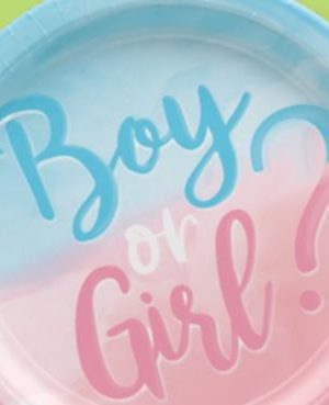 "Boy or Girl?" Round Paper Disposable Dessert Plates, Blue/Pink, 7-in, 8-pk, for Gender Reveal