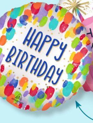 Happy Birthday" Round Satin Foil Balloon, Multi-Coloured, Painterly Dots, 18-in, Helium Inflation & Ribbon Included for Birthday Party